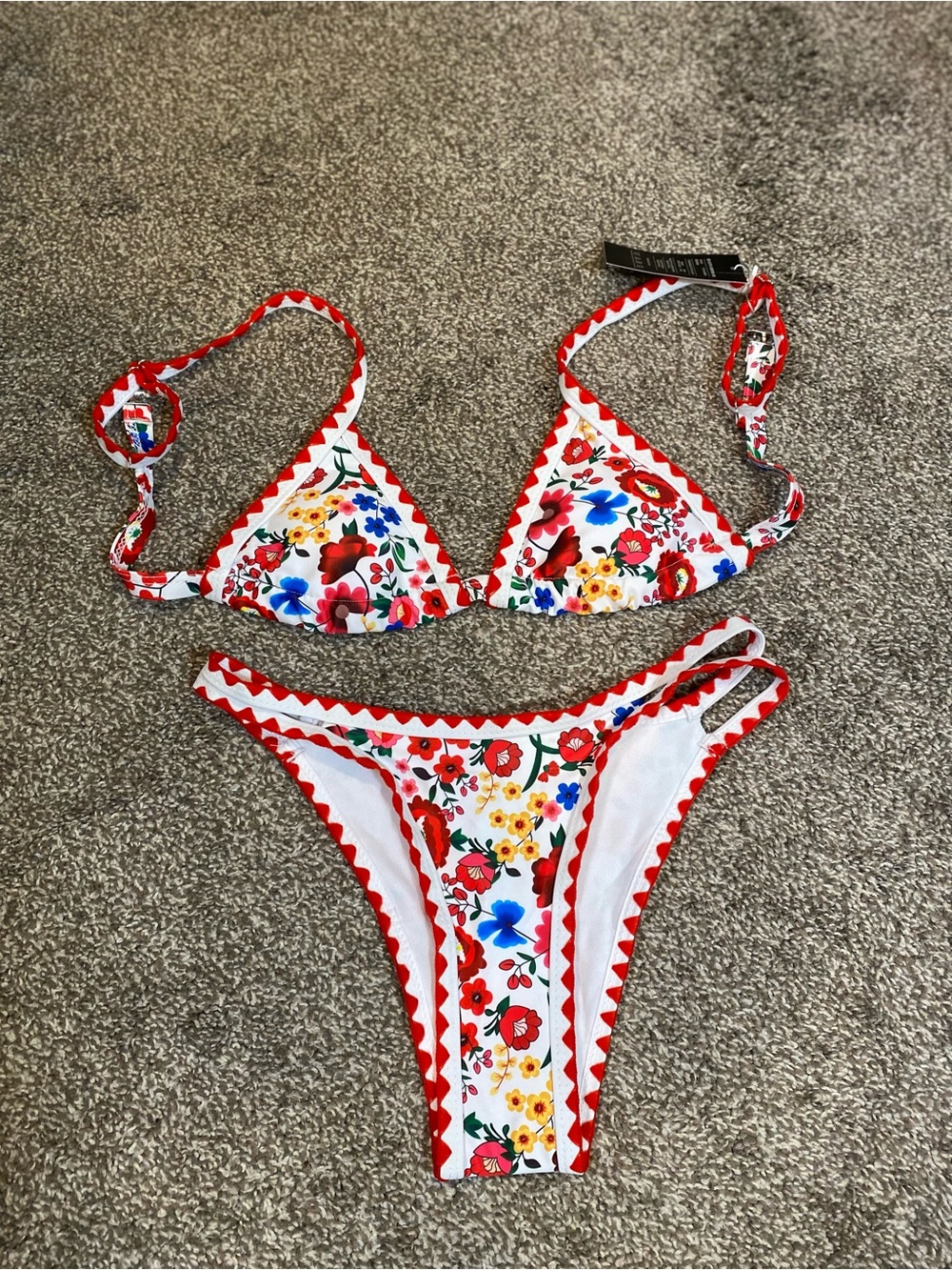 Xhilaration White Floral Bikini with Red Trim